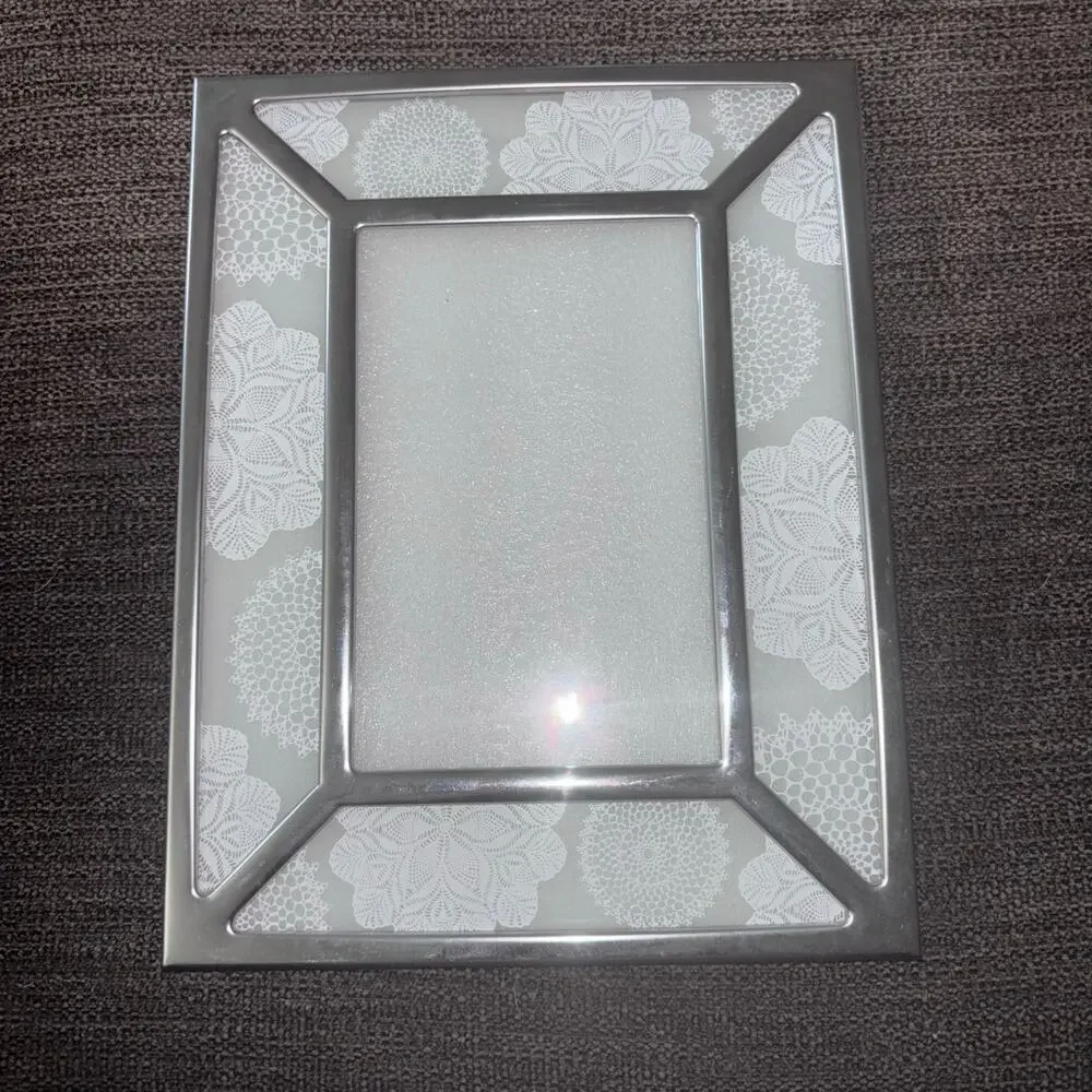 Malden Silver Tone 9x7 Frame With White Lace Look Design 4x6 Photo Wedding